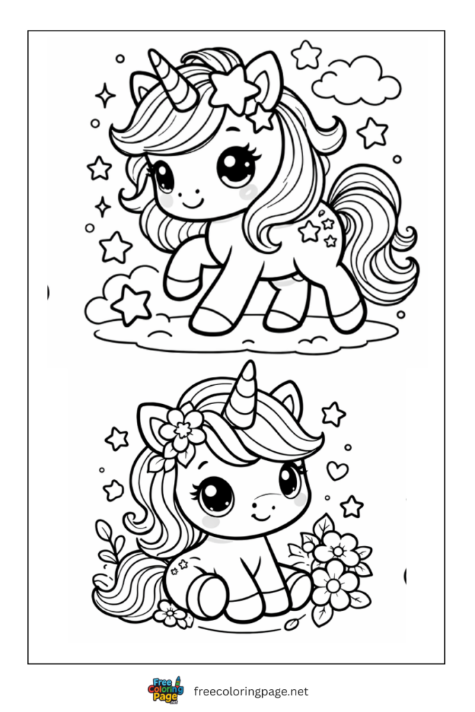 coloring page of kawaii unicorn with different poses