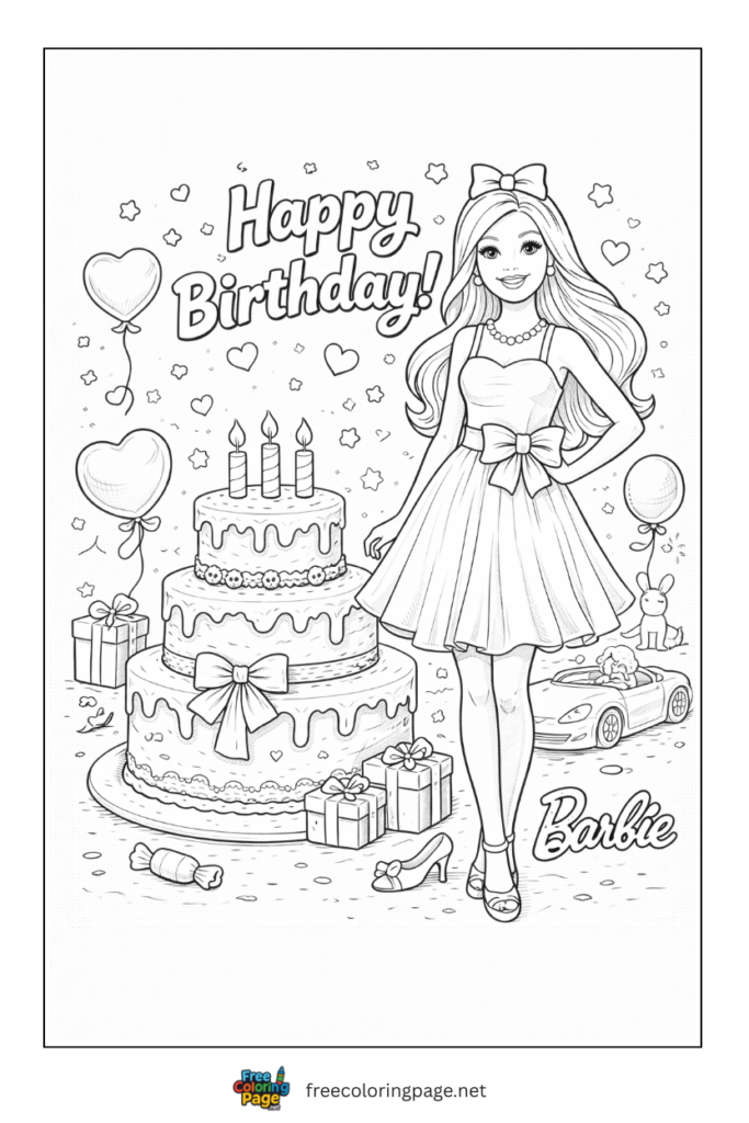 coloring page of happy birthday barbie