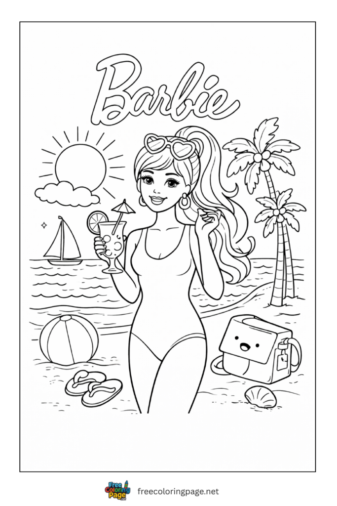 coloring page of barbie enjoying summer on beach