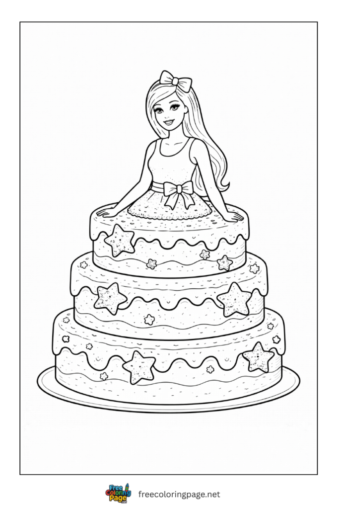 coloring page of happy birthday barbie themed cake 