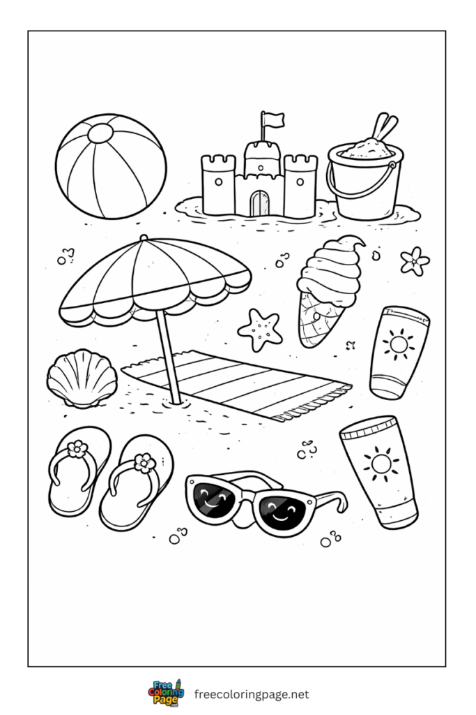 coloring page of beach items umbrella sunglasses volleyball