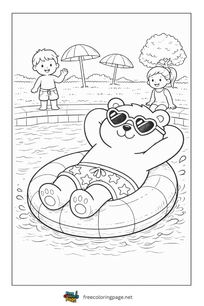 coloring page of bear taking sunbath on pool 