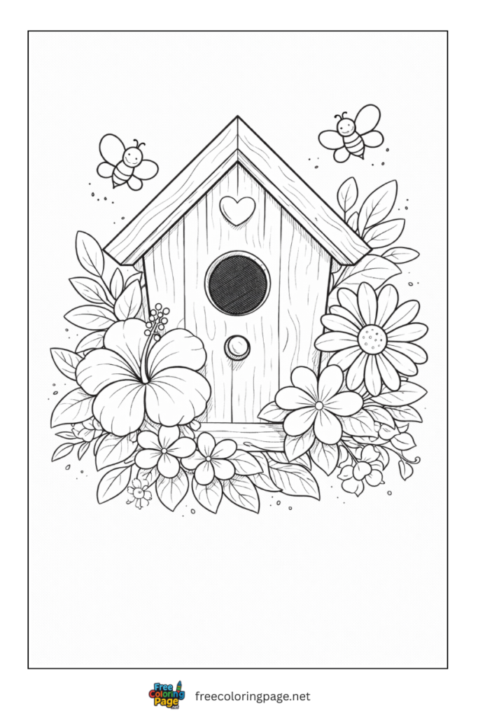 coloring page of summer bird house with flowers