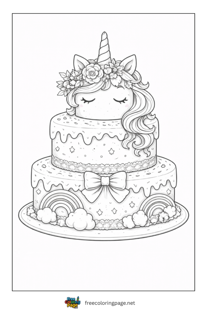coloring page of unicorn themed happy birthday cake