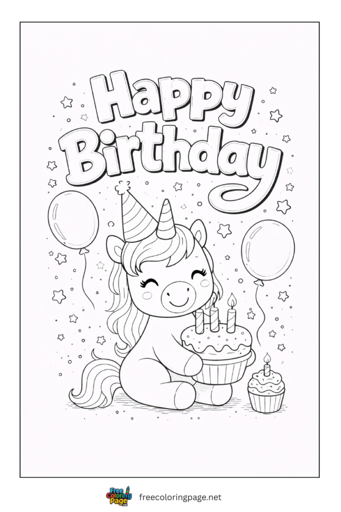 coloring page of birthday card unicorn themed design