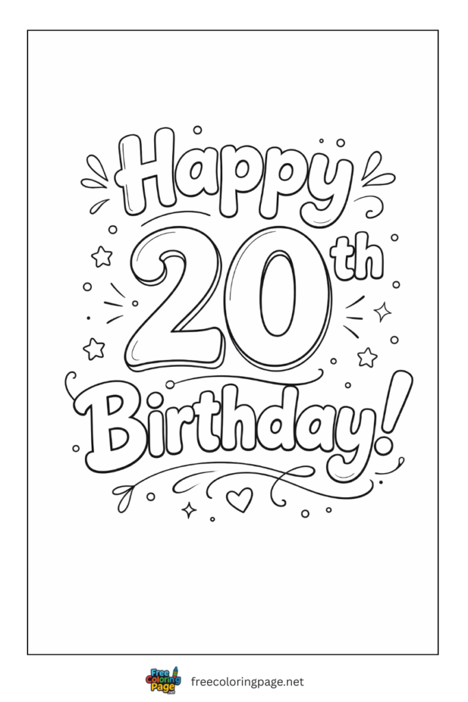 coloring page of 20th happy birthday