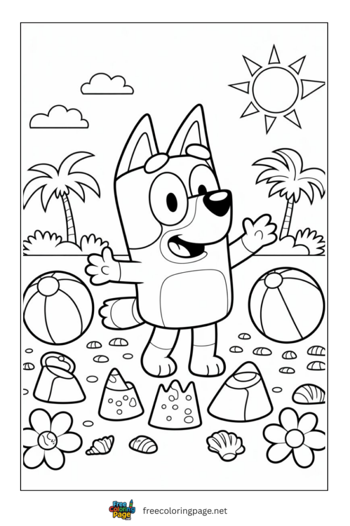 coloring page of bluey on beach with beach items