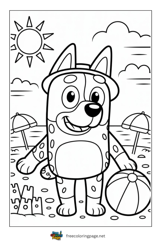 coloring page of bluey with volleyball in summer