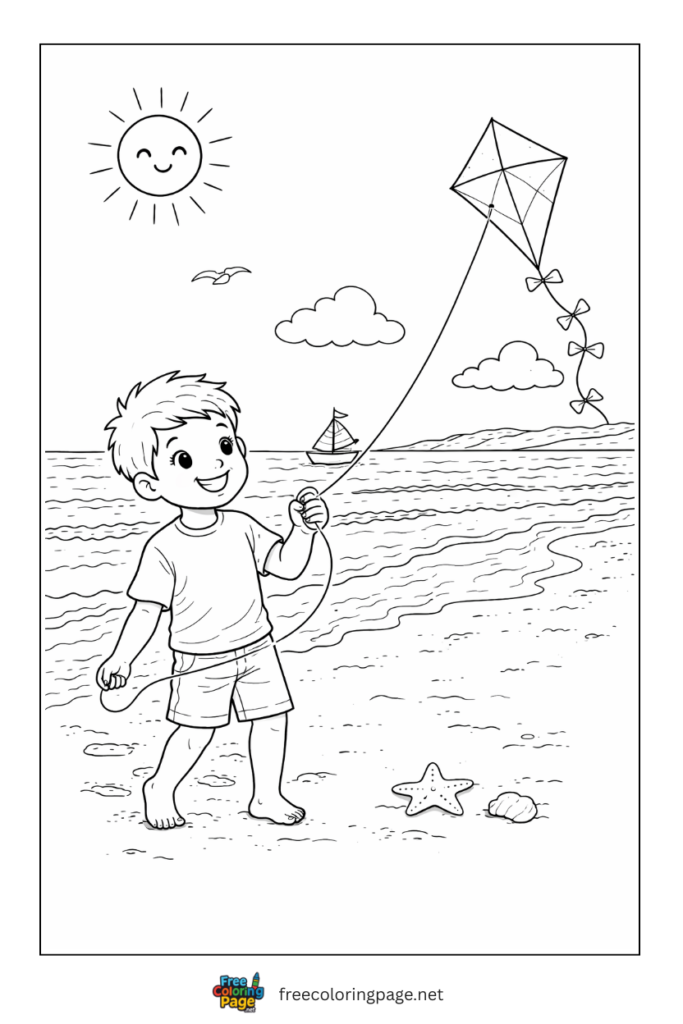 coloring page of boy flying kite on sunny beach