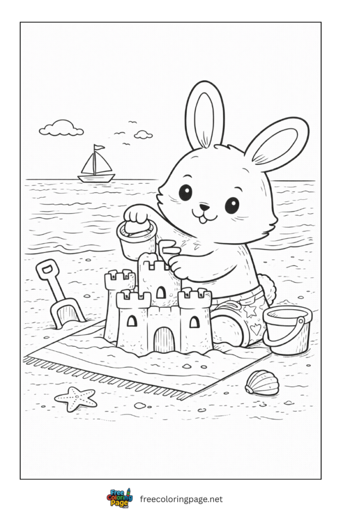 coloring page of bunny making sandcastle 