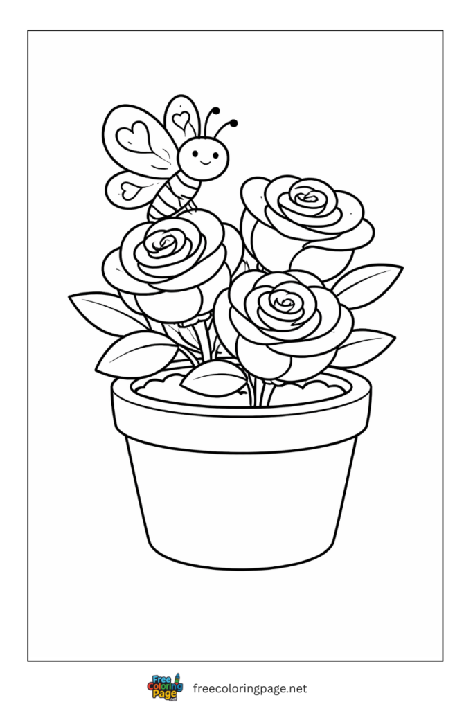 coloring page of flowers in pot with butterfly