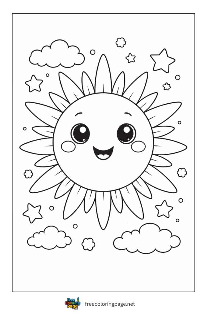 coloring page of smiling cheerful summer sun