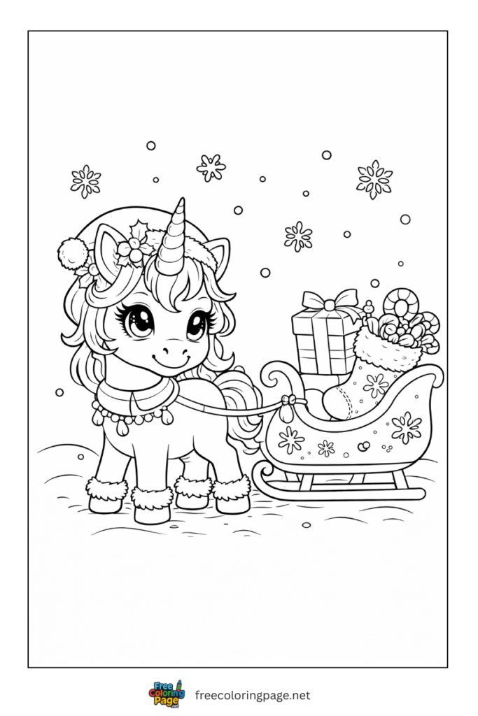 coloring page of unicorn with christmas sleigh