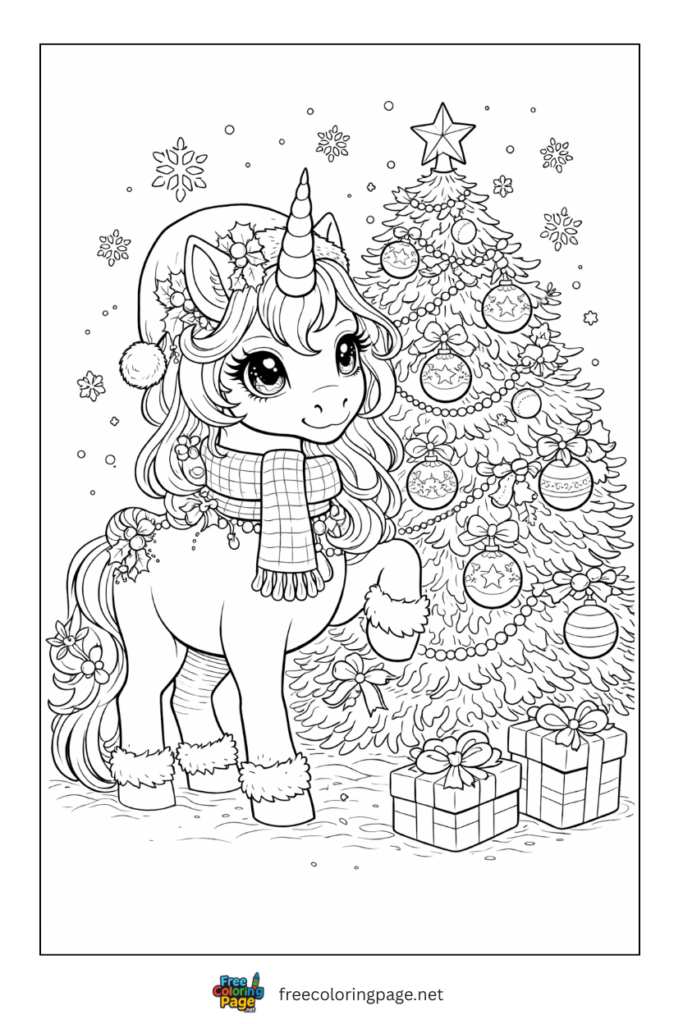 coloring page of unicorn with christmas tree