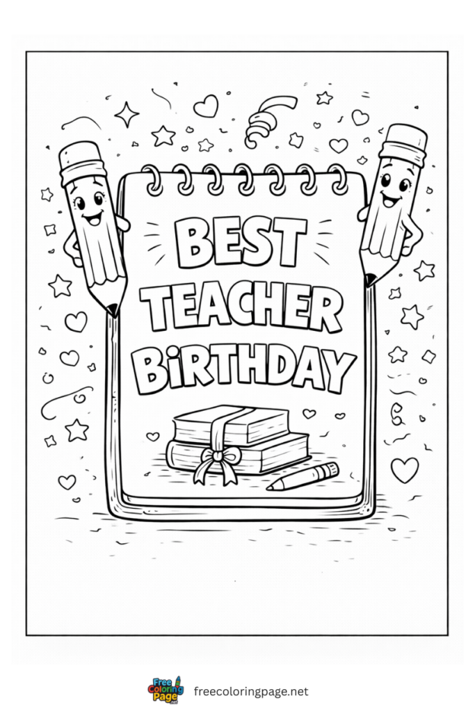 coloring page of happy birthday teacher greeting