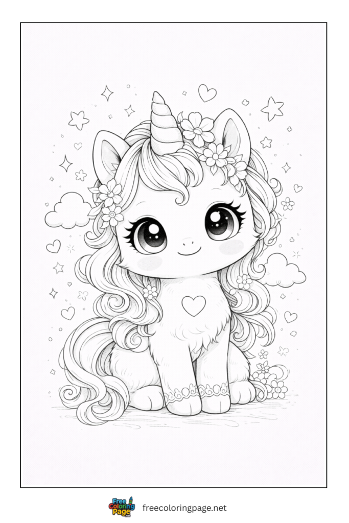 coloring page of cute kawaii unicorn 