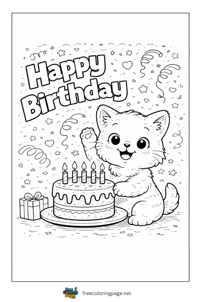 coloring page of cat happy birthday