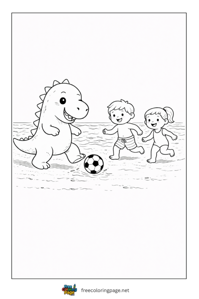 coloring page of kids playing football with dinosaur