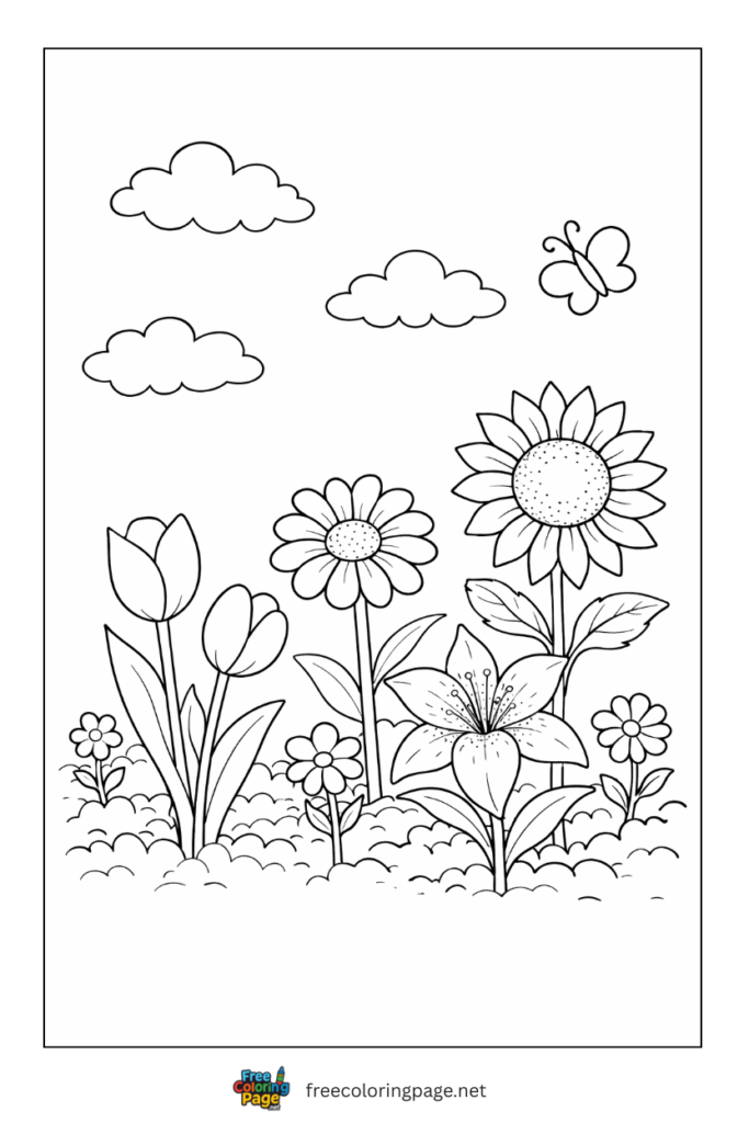 coloring page of flowers garden in spring