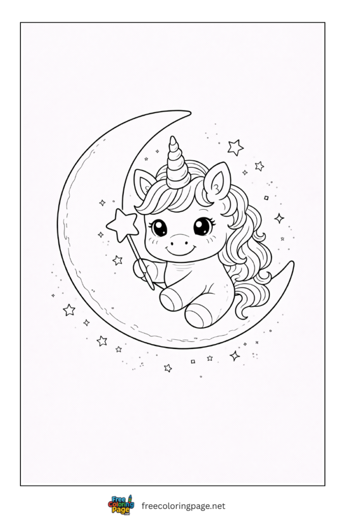 coloring page of baby unicorn with moon