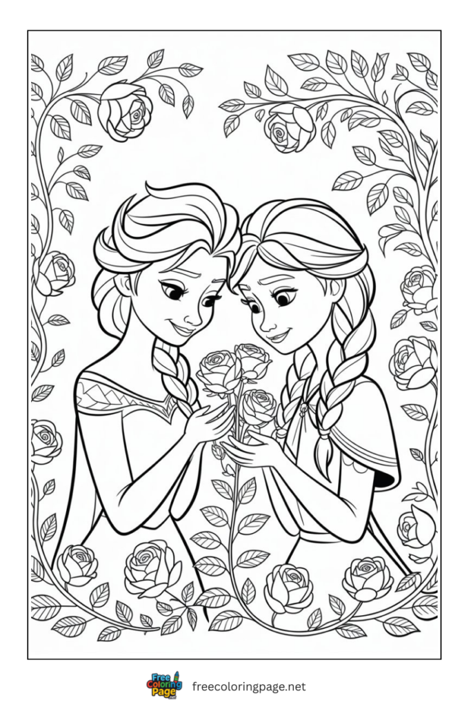 coloring page of elsa and ana from frozen with flowers