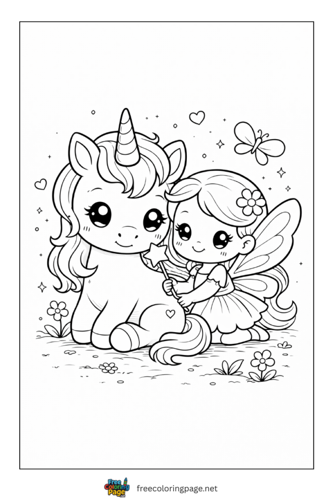 coloring page of unicorn sitting with fairy