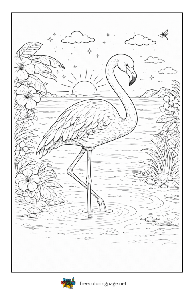 coloring page of calm flamingo standing on sunny beach