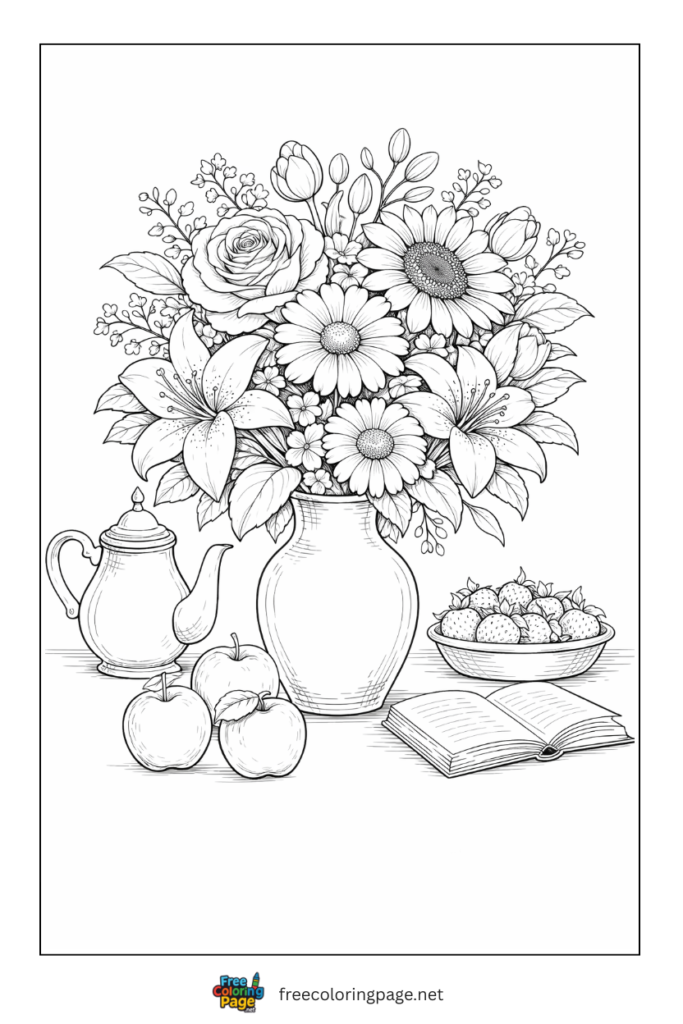 coloring page of vase full of different flowers