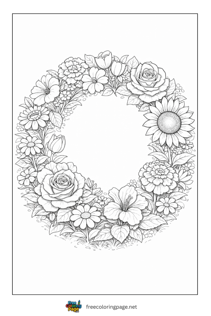 coloring page of different flowers wreath in circular
