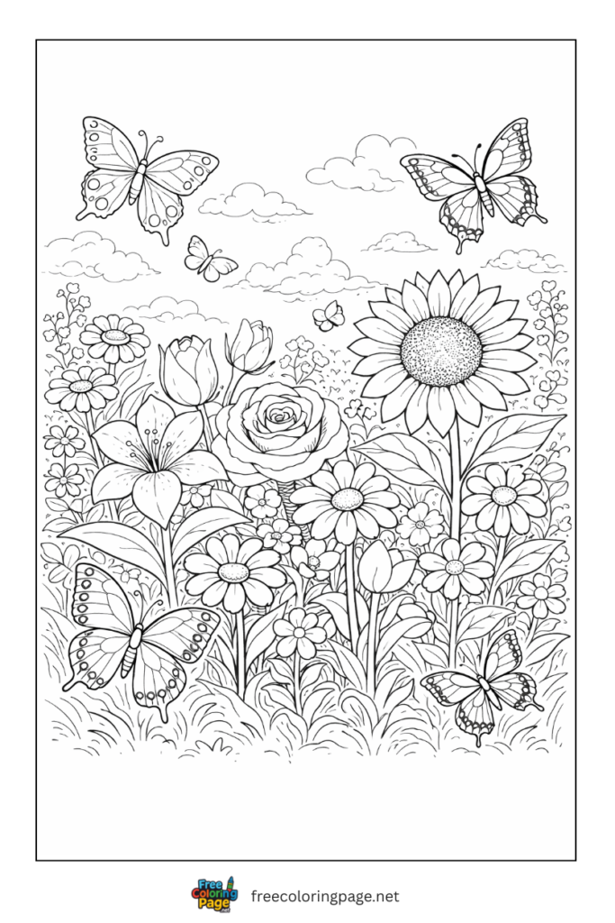 coloring page of garden of flowers and butterflies
