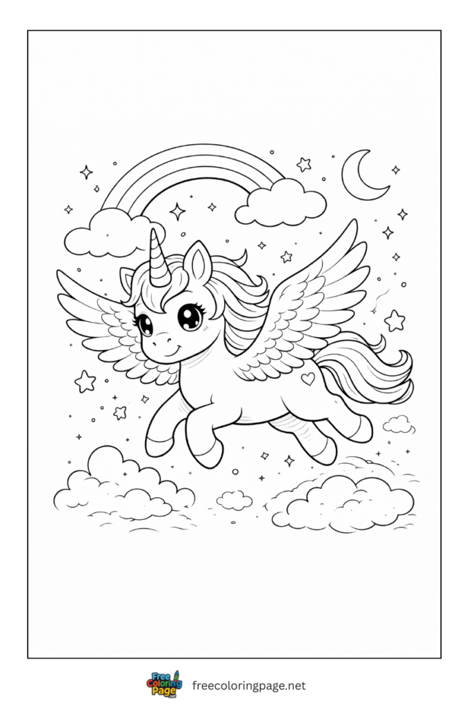 coloring page of unicorn flying