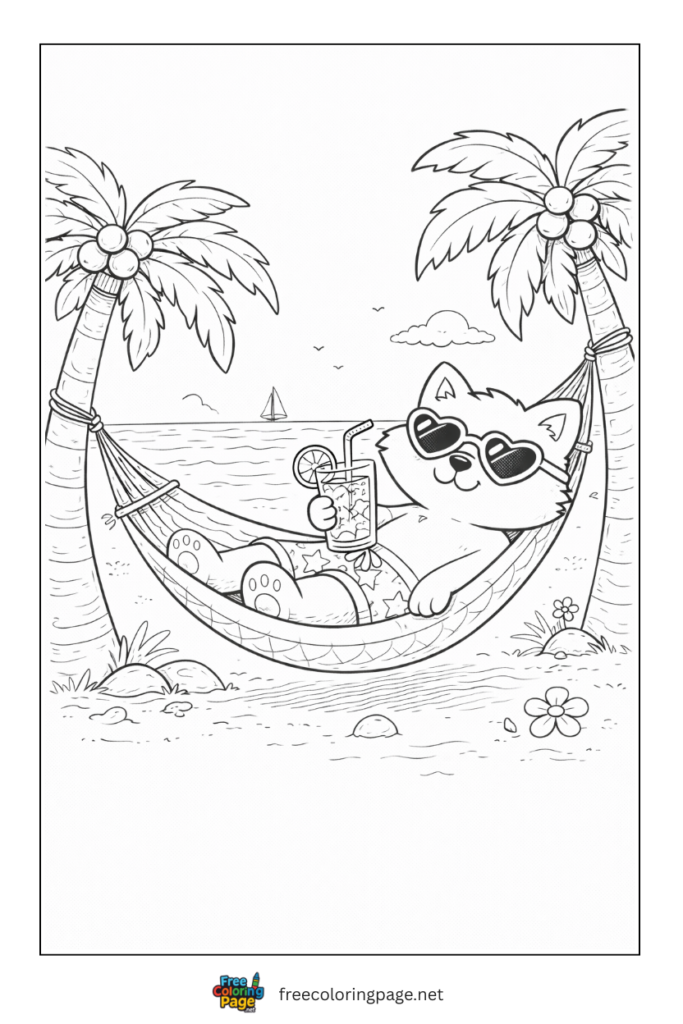 coloring page of fox enjoying lemmonade in hammock in summer