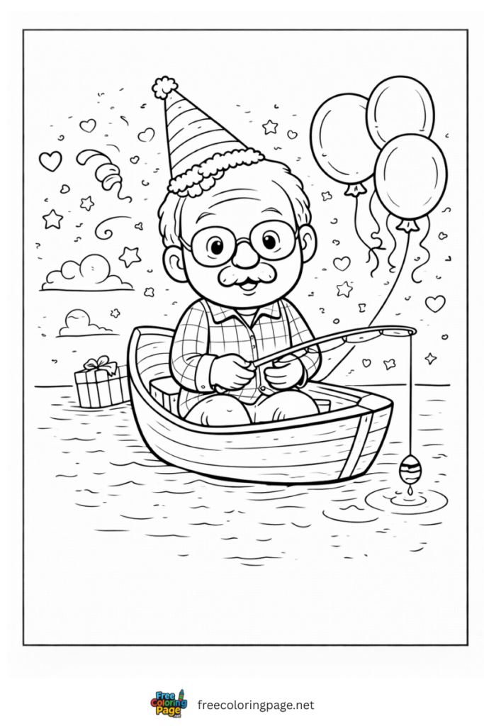 coloring page of happy birthday granda fishing