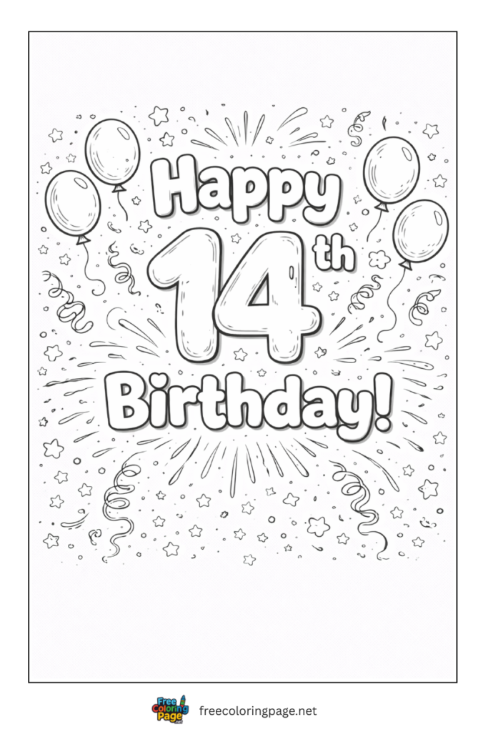coloring page of 14th happy birthday