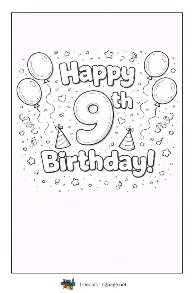 coloring page of 9th happy birthday