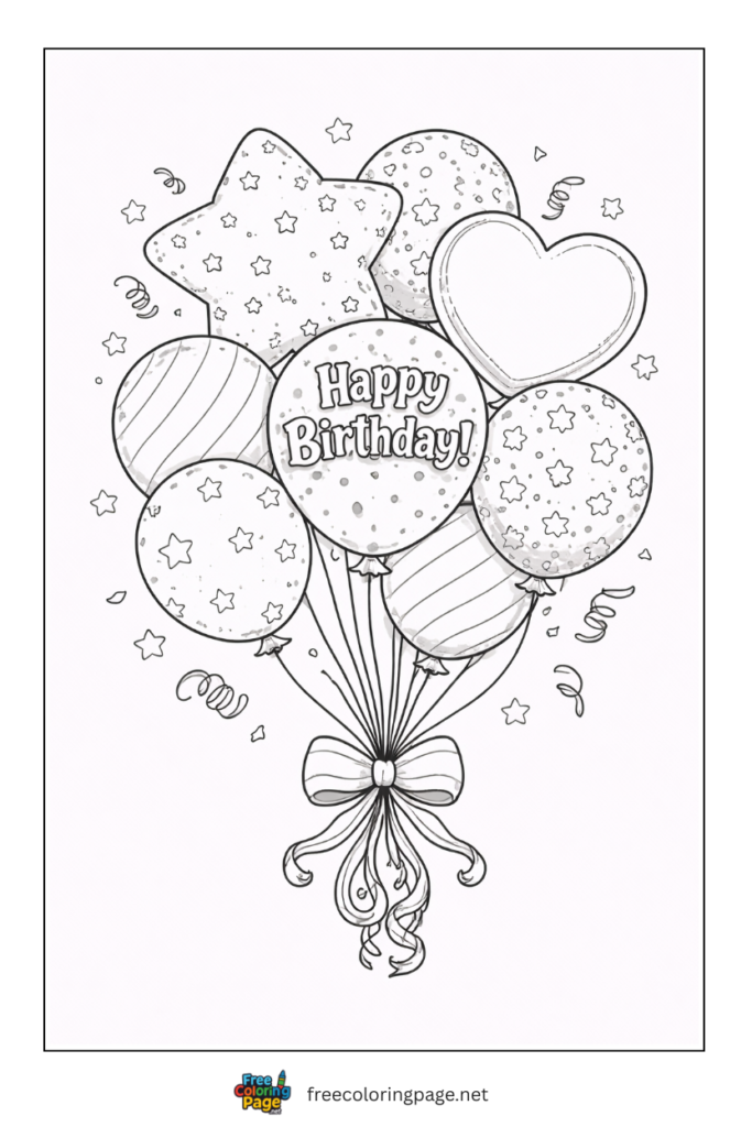 coloring page of happy birthday balloons