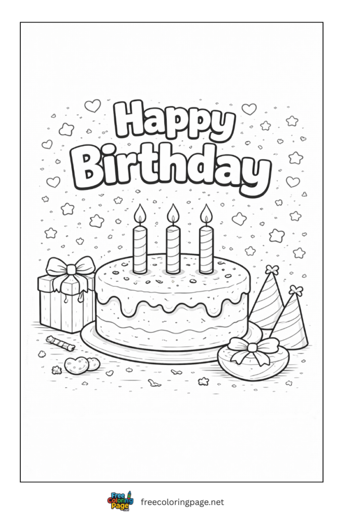 coloring page of happy birthday cake with candles