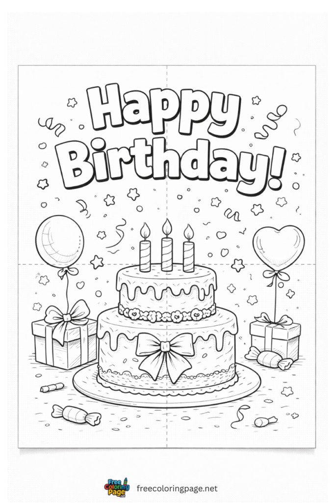 coloring page of birthday cake with gifts and balloons