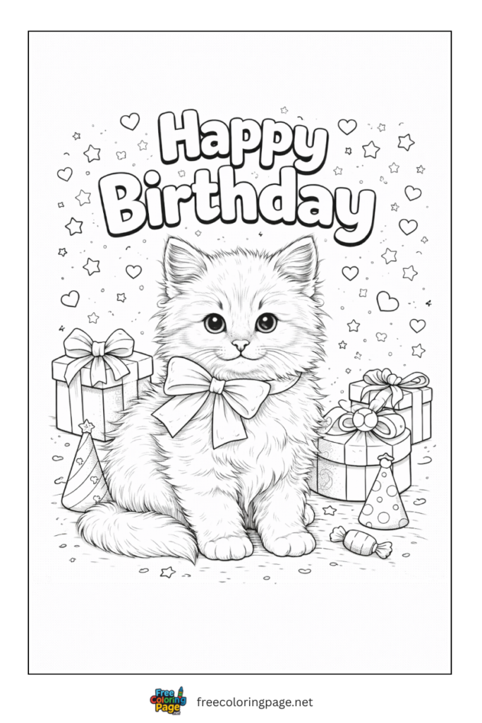 coloring page of cat happy birthday