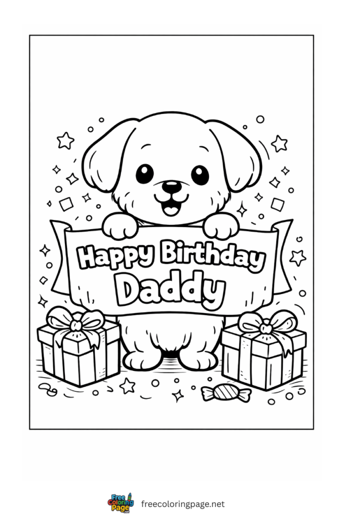coloring page of happy birthday daddy with puppy
