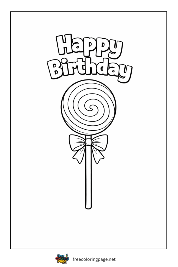 coloring page of swirrel candy and happy birthday