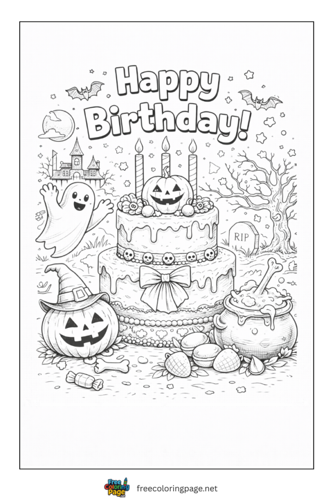 coloring page of halloween happy birthday