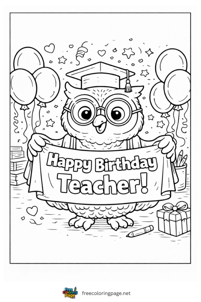 coloring page of happy birthday teacher owl