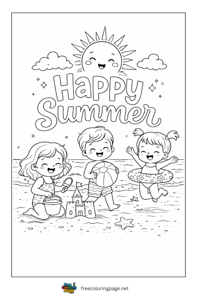 coloring page of happy summer with kids