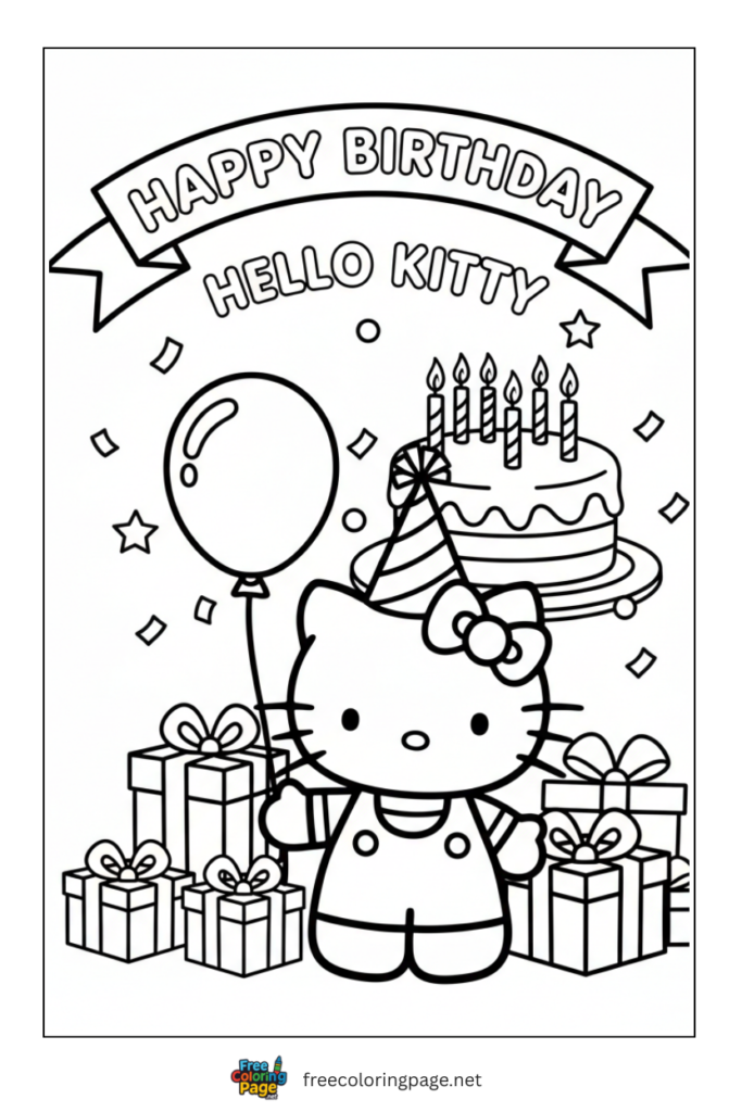 coloring page of happy birthday hello kitty