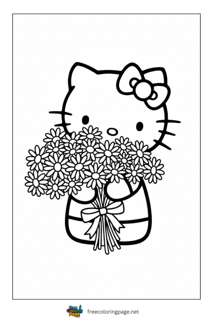 coloring page of hello kitty with flowers bouquet 