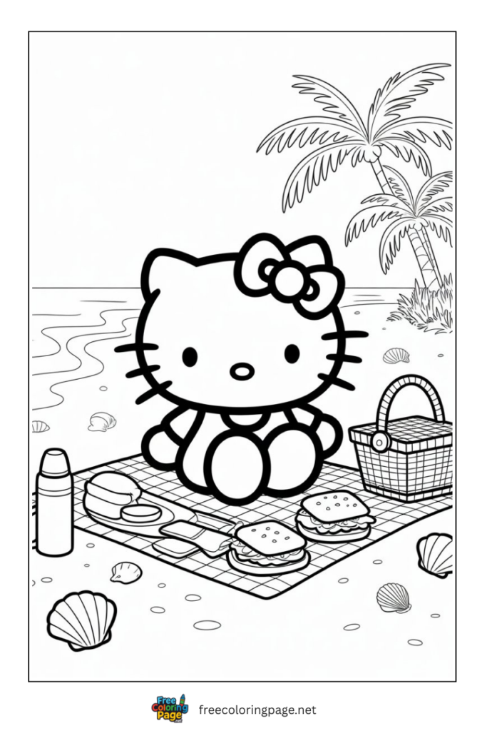 coloring page of hello kitty having picnic on tropical beach