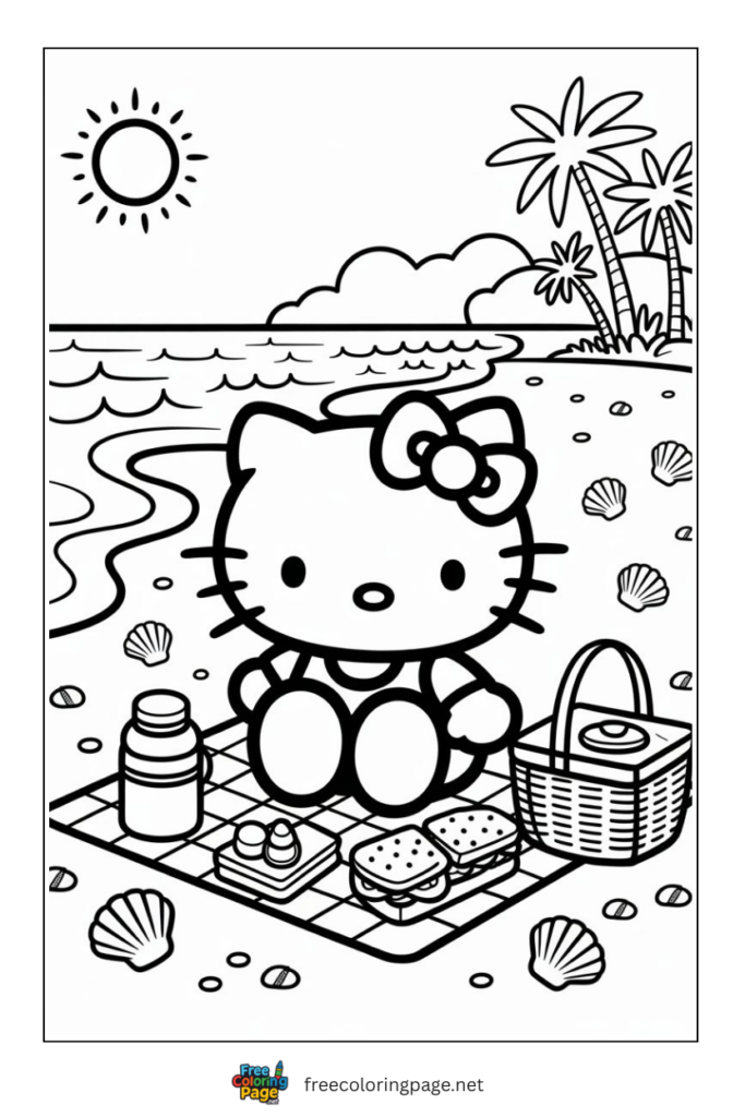 coloring page of hello kitty on beach in summer