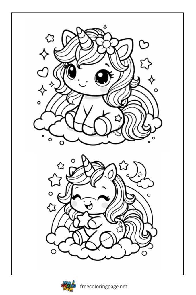 coloring page of cute kawaii unicorn with different poses