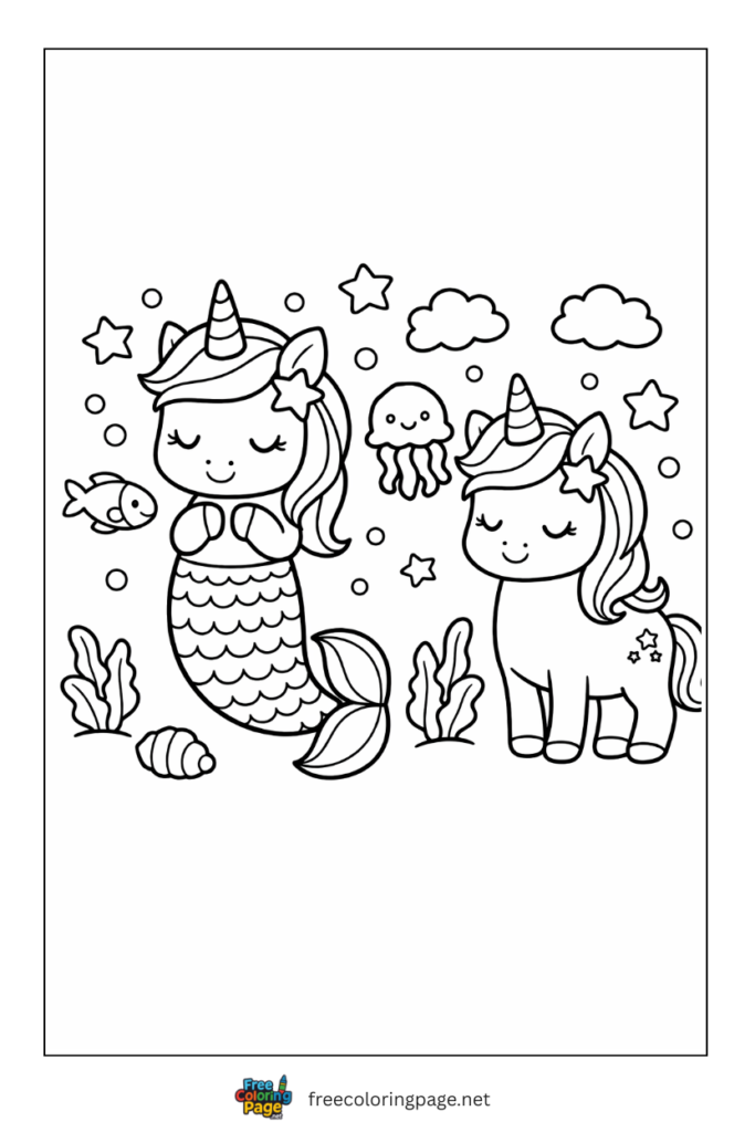 coloring page of unicorn with mermaid